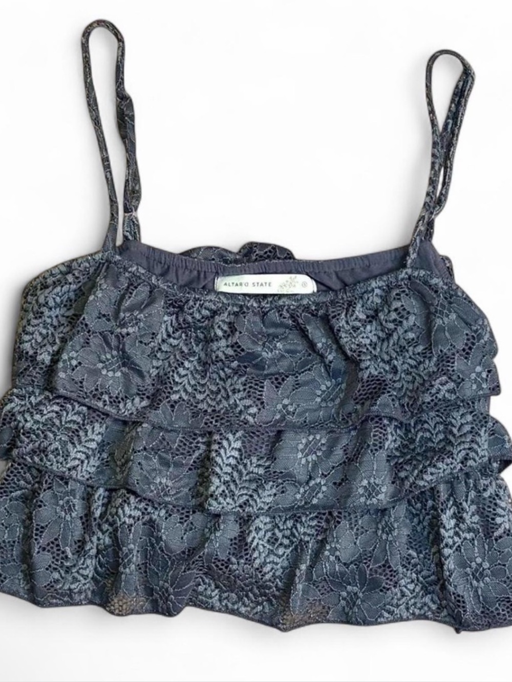 Altar’d State Charcoal Grey/Blue Tiered Floral Lace Cami Top - Small